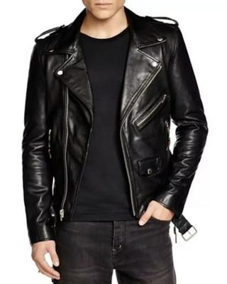 Stilvolle Herren schwarze reine Lammfell Lederjacke neue handgemachte Motorrad Biker