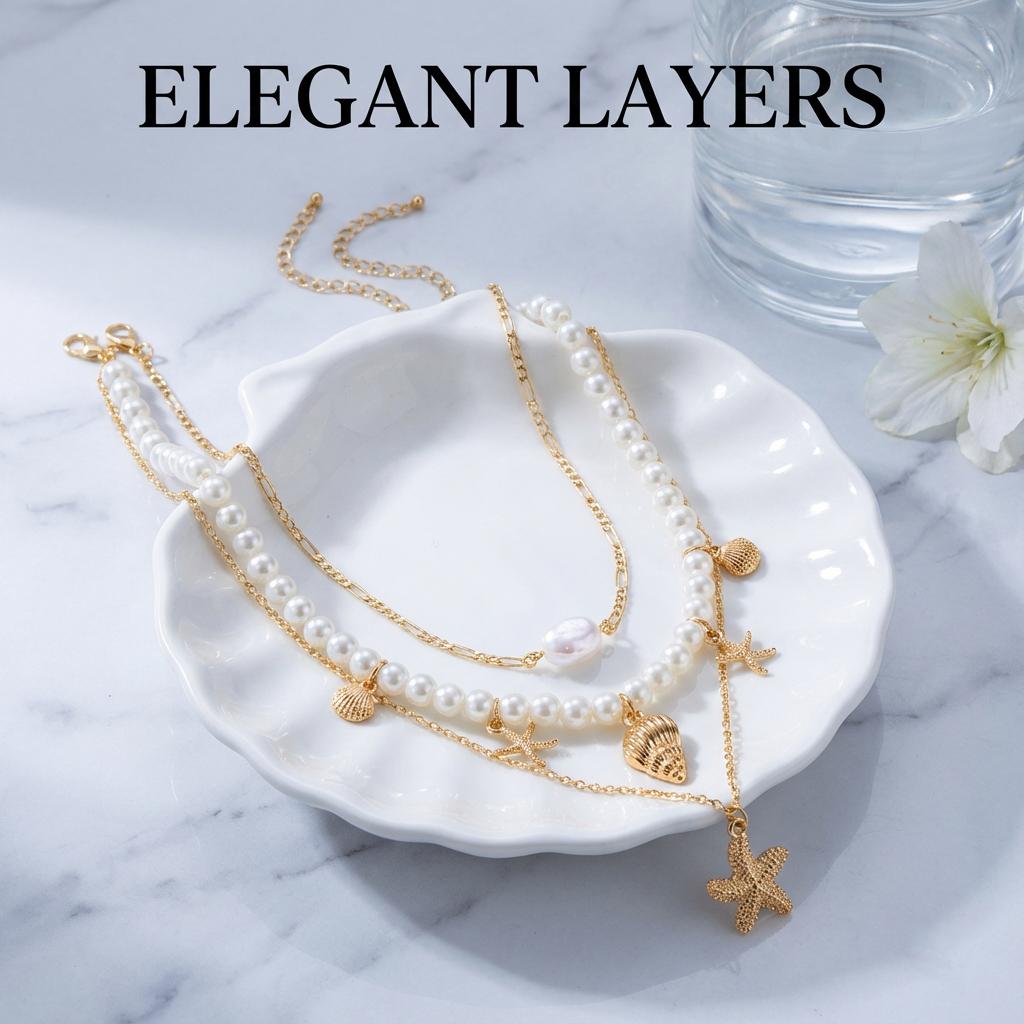 Gold Color Starfish Conch Pendant Necklace For Women Exquisite Imitation Pearl Beads Choker Bohemian Ocean Party Jewelry Gifts