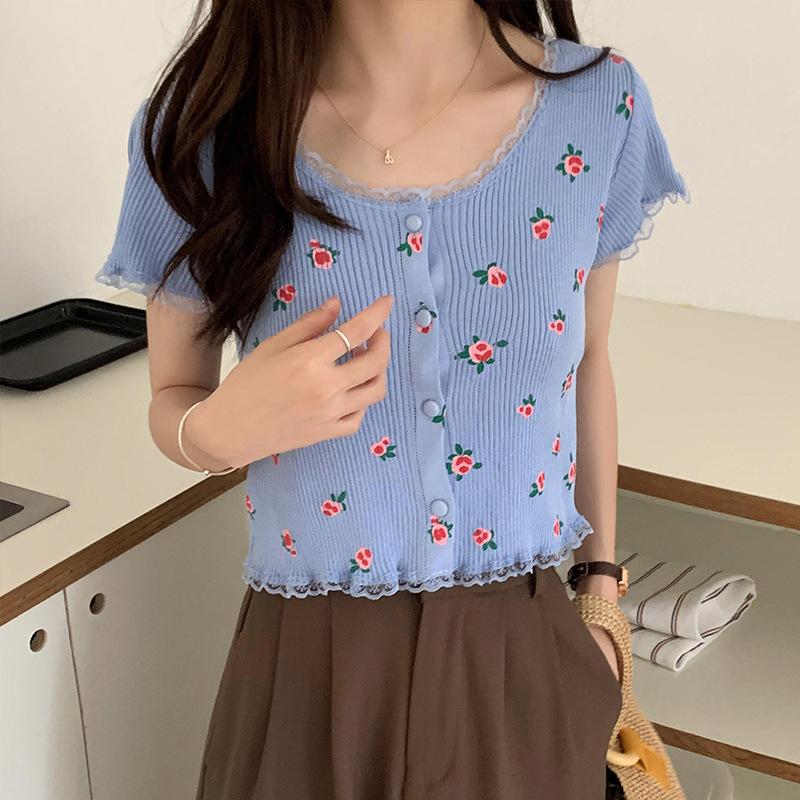 Retro Knit Short-sleeved T-shirt Female Summer Gentle Slim Small Flowers Navel Exposed Tops Casual Essential Comfort Style Slim Fit Pullovers Tees