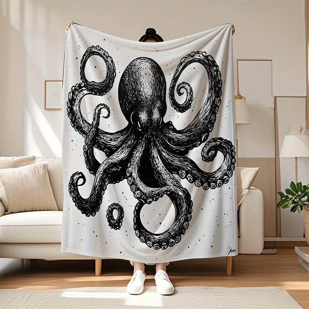 Octopus Art Black White Throw Blanket Ocean Design for Living Room Decor Gift for Him SeaStyle50x60 75X95CM