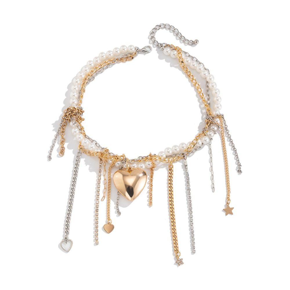 Trendy Love Heart Pendant Choker Metal Chain Goth Style Necklace Multilayer Tassel Necklace  Lady