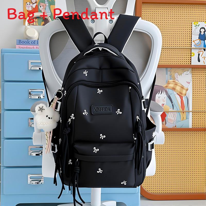 Girls School Backpack With Solid Color And Bow Embroidery Design For Middle School