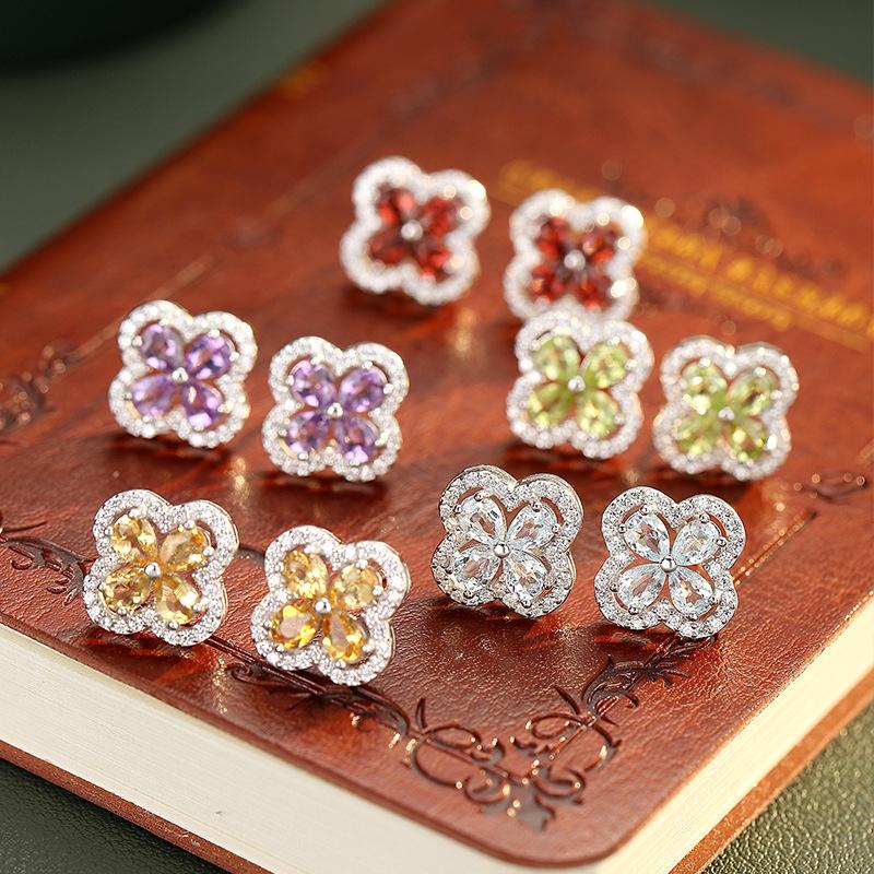 S925 Sterling Silver Four Leaf Clover Stud Earrings Natural Amethyst Topaz Advanced Sense Earring Minimalist Luxury