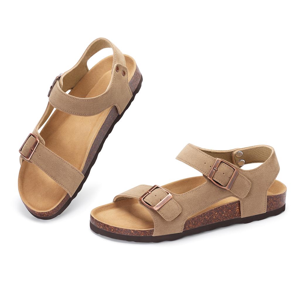 Fashion Crestar Women's Clogs New Classic Cow Suede Sandals with Double Buckle Arch Support Outdoor Lady Cork Flat Clogs Casual Slipper