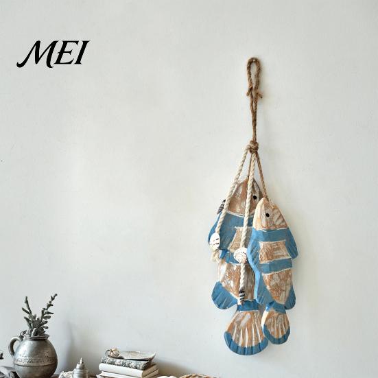 School Classroom Wall Art Rustic Nautical Wooden Fish Decor, Coastal Beach Style Hanging Unique Housewarming Gifts Ornament with Fishing Net for Lake