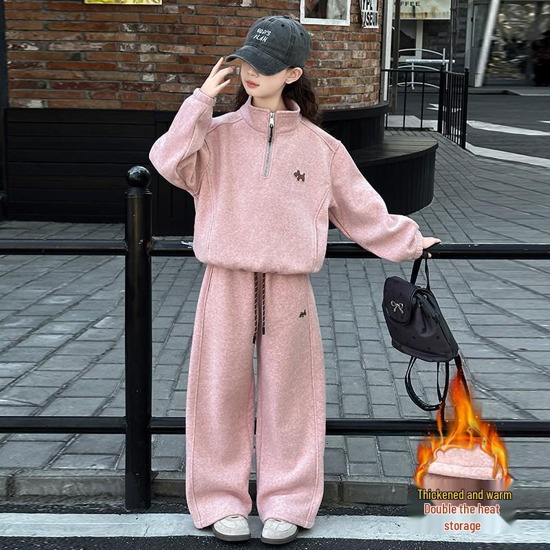 New 2025 Fashion: Girls' Thickened Fleece Lined Sweatshirt Two-Piece Set for Autumn and Winter