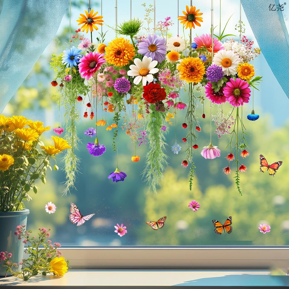 3D Hanging Orchid Chrysanthemum Static Cling Window Sticker for Dining Room Glass Door Rustic Home Decor