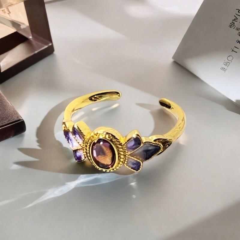 Violet Purple Enamel Drip Open Ring Medieval French High Sense Flower Ring Female