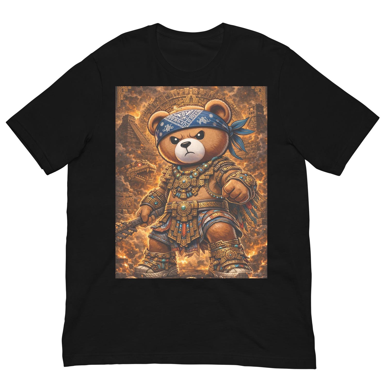 Aztec Warrior Teddy Bear Shirt, Tribal Bear Fighter Tee, Cute Mesoamerican Warrior Design, Fantasy Animal Graphic T-Shirt 3XL
