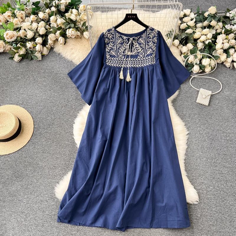 

Винтажные платья с вышивкой, весеннее новое платье с коротким рукавом для женщин Y2k, свободное женское платье средней длины Vestidos Mujer One Size синий