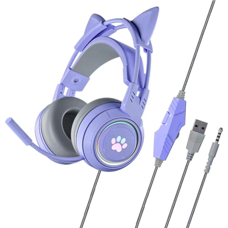 

G25 Cat-ear Headphone Luminous USB Wired Earphone 3.5mm Gaming Headset with Mic Noise-reduction for Computer PC 1 фіолетовий