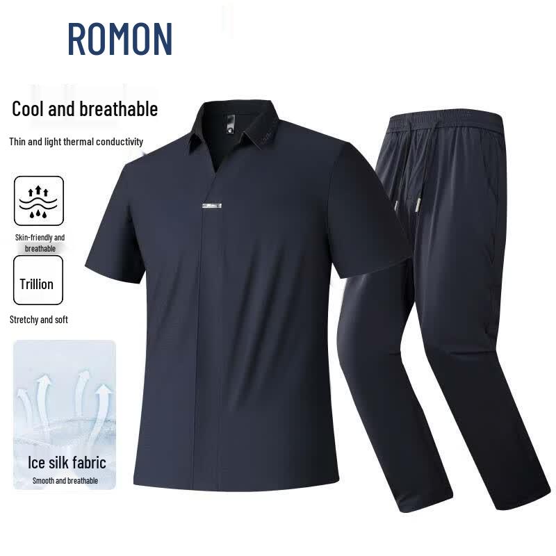 Romon Men s Summer Ice Silk Casual Polo Shirt & Trousers Two-Piece Set 185/2XL