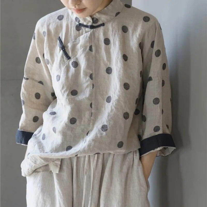 Johnature Women Vintage Linen Shirts Polka Dot Stand Long Sleeve Tops Spring Chinese Style Button Blouses