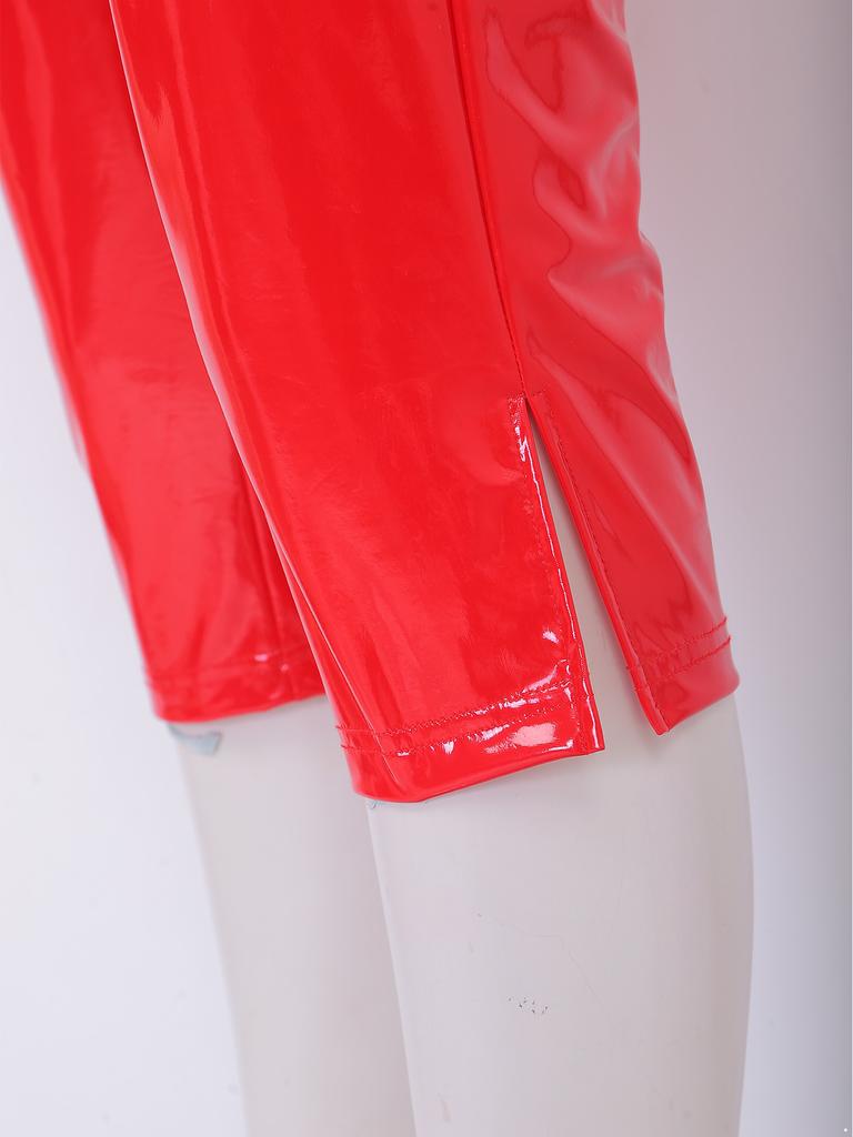 Hohe Taille Spaltbein Glänzende PU-Leder Capri-Hose Skinny Wet-Look Leggings für Damen Rave Club Y2K Outfit