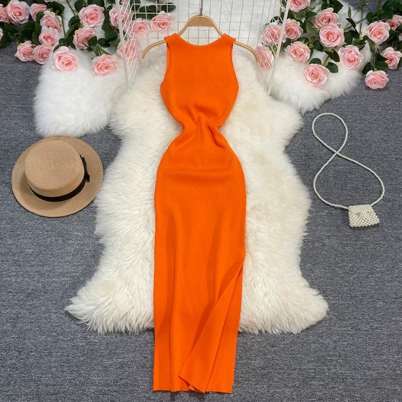 Vestido de Punto Minimalista sin Espalda para Mujer Verano SSólido de Punto sin Mangas Ajustado sin Mangas Sexy Bodycon Vestido Camiseta