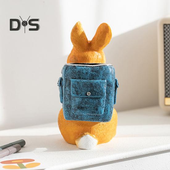 Rabbit Pen Holder Resin Bunny Figurine with Open Backpack Pencil Holder Decorative Rabbit Desk Organizer for Pens Pencils Makeup Brushes