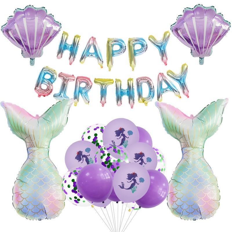 23Pcs Mermaid Print Latex Balloon Aluminum Film Fishtail Sequins Birthday Flag Party Scene Arrangement