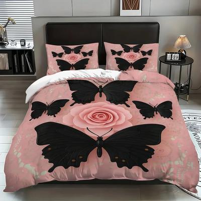 3-teiliges rosa geblümtes Schmetterlingsmuster Bettbezug-Set, 1 Bettbezug+2 Kissenbezüge, ohne Füllung. Weiches und bequemes Bettwäsche-Set