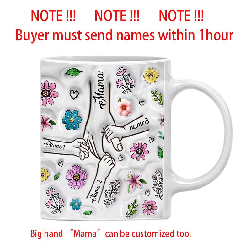 Personalize Name Mug Customize 3D Effect Printing Flowers Cup Holding Hands Coffee Mugs For Children and Mother's Day Gifts