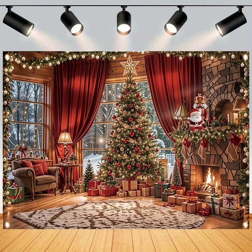 Winter Fireplace Christmas Tree Themed Banner Decoration Background Birthday Party Home Decoration Photography Backdrop Cloth