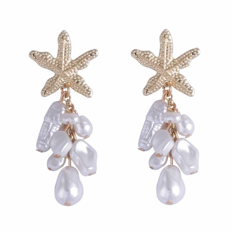 Irregular Imitation Pearl Beaded Dangle Earrings for Women Ladies Ocean Style Metal Starfish Drop Earrings Jewelry Accessories