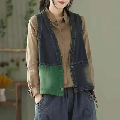 Spring and Autumn Retro Color Matching Collar Denim Vest Women's Short Loose Wild Old Waistcoat Vest Vest Outer Wear