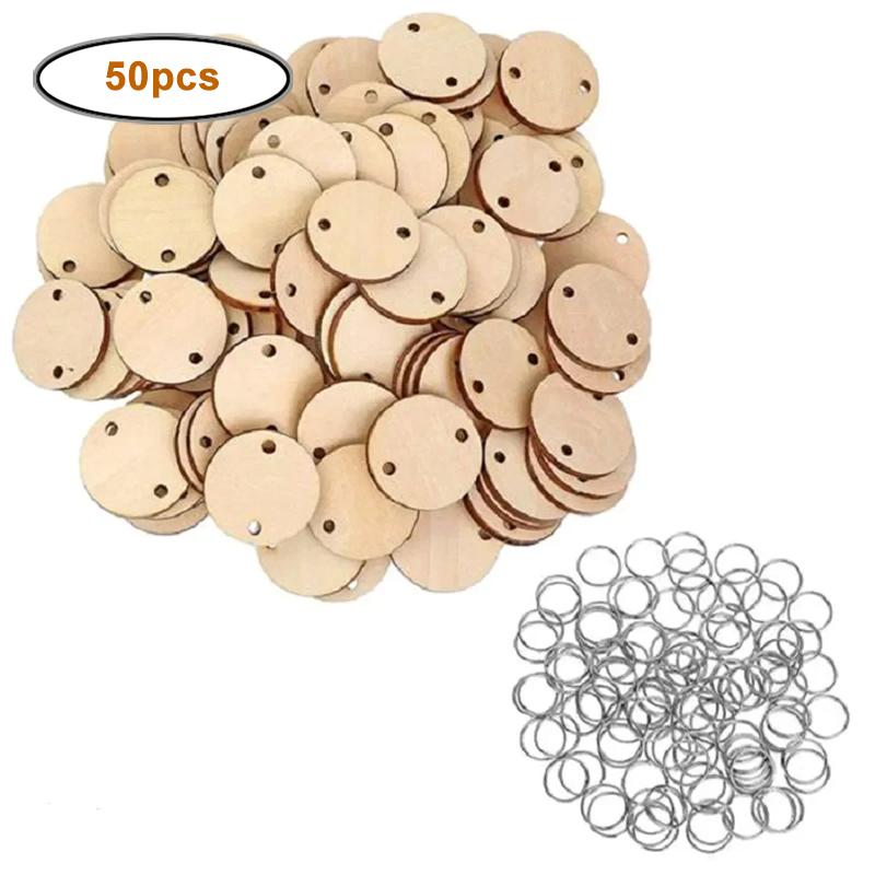 50pcs/pack Unfinished Blank Wood Round/Heart/Star Pendants Disc Wooden Pieces with Hole and Conneted Rings for DIY Craft Art