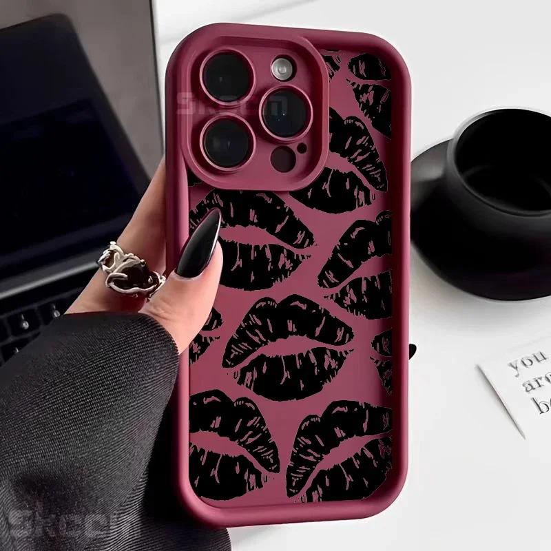 Black Lips Kiss Print Soft Silicone Phone Case For iPhone 16 15 Pro Max 14 13 12 11 Pro Max 7 8 15 Plus X XS XR Shockproof Cover