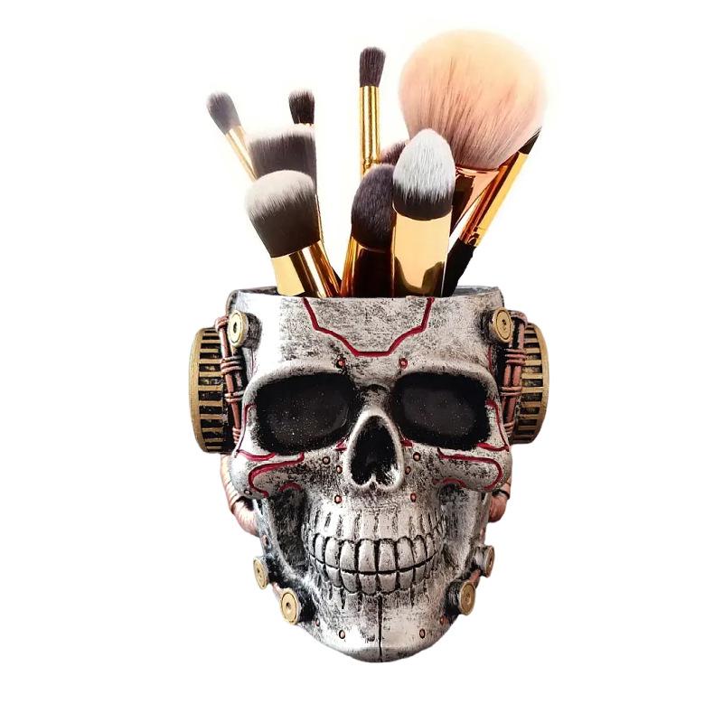 Cyberpunk Skull Resin Pen & Brush Holder Ornament