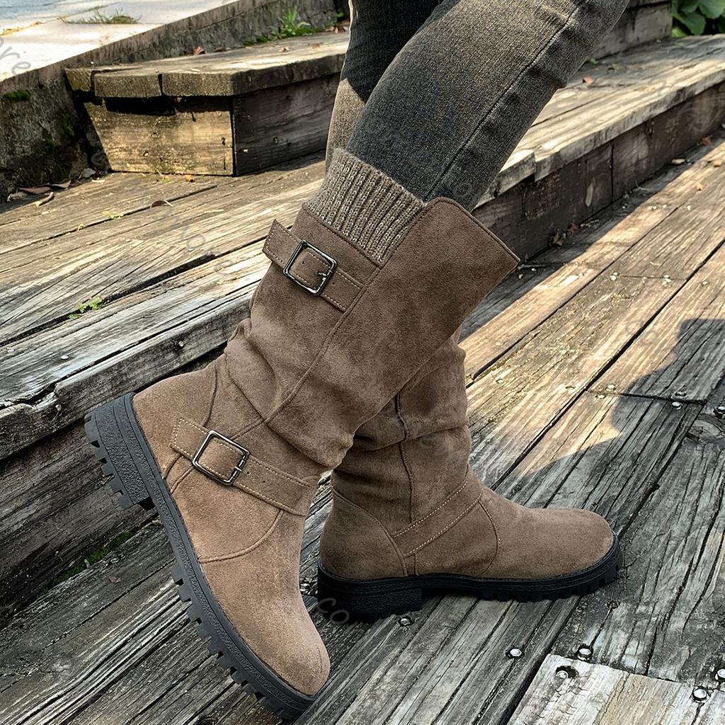 Comemore Vintage Western Cowboy Boots Women's New Suede Round Head Thick Heel Shoes Retro Belt Buckle Stacked Mid-calf Botas