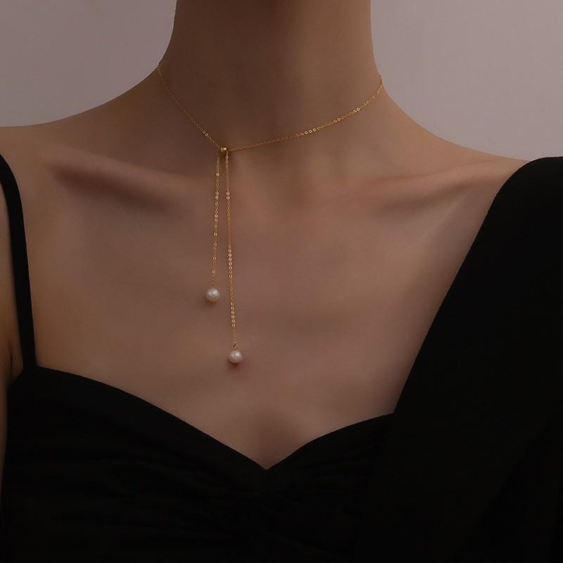 Vintage fashion fringed freshwater pearl necklace ins tide Internet celebrity cold wind collarbone chain European and American neck chain