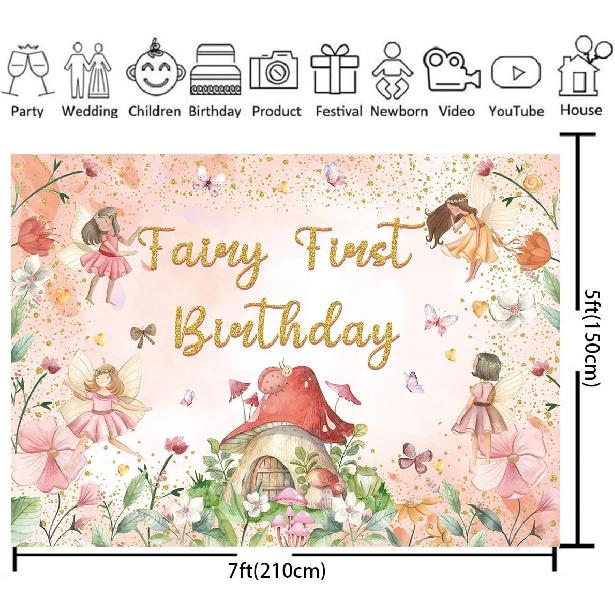 XCKALI Fairy First Birthday Backdrop Floral Fairy Girls 1st Birthday Photography Background Fairy Tale Theme Birthday Party Decorations 7x5FT