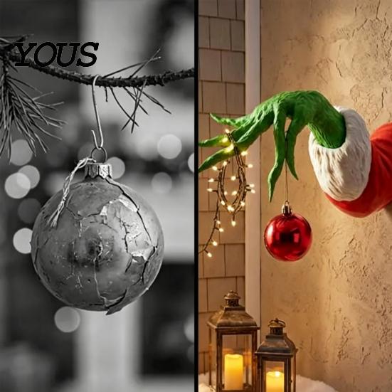 Holiday Decorative Hanging Art Christmas Elf Hand Tree Decorations with Red Balls, Green Wall Fun Xmas Home Window Display Decor, Funny Mount