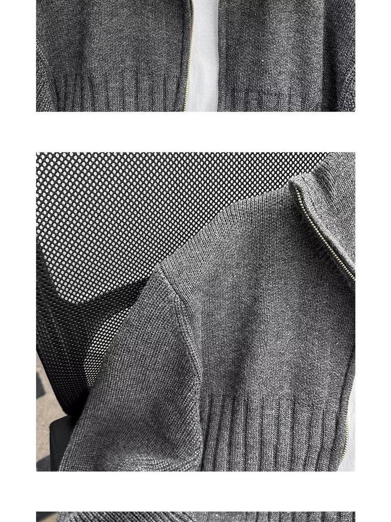 Men's Thick Knit Zipper Sweater - Solid Color, Half-High Collar, Autumn/Winter Pullover, Loose Fit Floral Thread Design