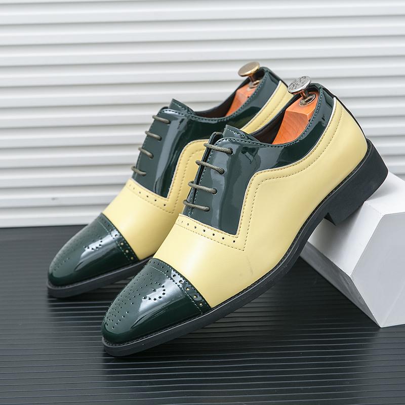 Fashion Block Shoes Men Yellow Green Patent Leather Spliced British Style Lace Up Business Office Brand Formal Shoe Size 38-46 Men Shoes
