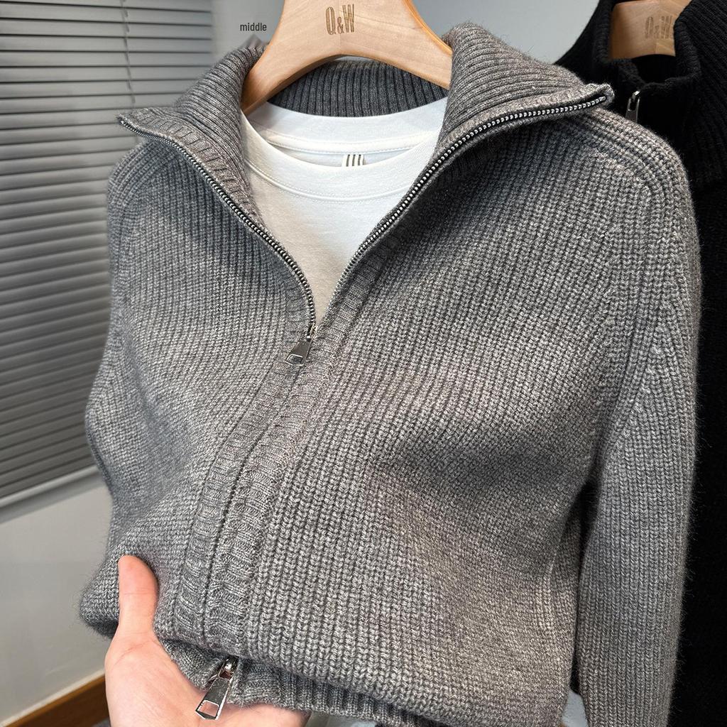 Men's Double Zipper High Neck Cardigan Knit Sweater - Autumn/Winter 2025 Trendy Casual Outerwear