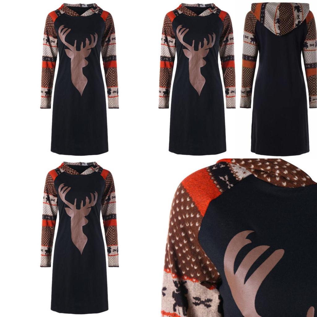 Hot Lady Women Dress Christmas Elk Print Long Sleeve Hooded Evening Party Dress For Festive Occasions