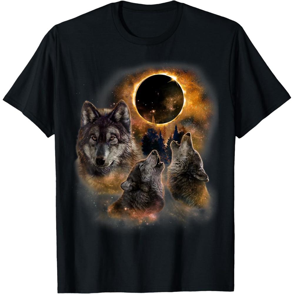 Three Wolves and Solar Eclipse, Forest Wolf Animals Wild T-Shirt 3XL чёрный