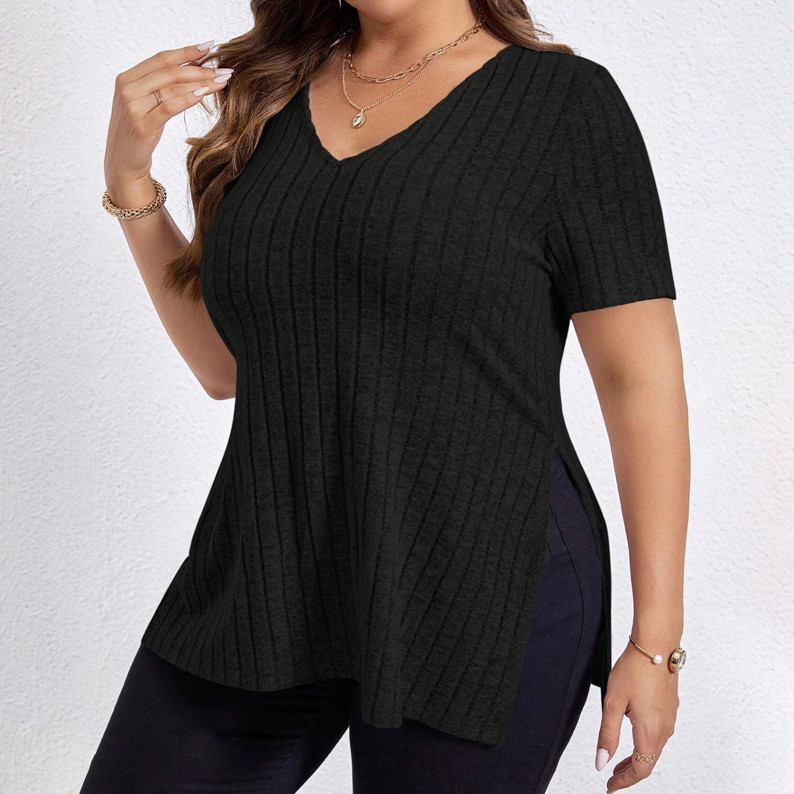 

Женская Мода Большой Однотонный V-образный вырез Короткий рукав Разрез на голове Футболка Топ XXXXXL чёрный