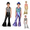 Boys Disco Metallic Glossy Sleeveless Print Patchwork Long Flare Pants Jumpsuit Sequins Fedora Hat