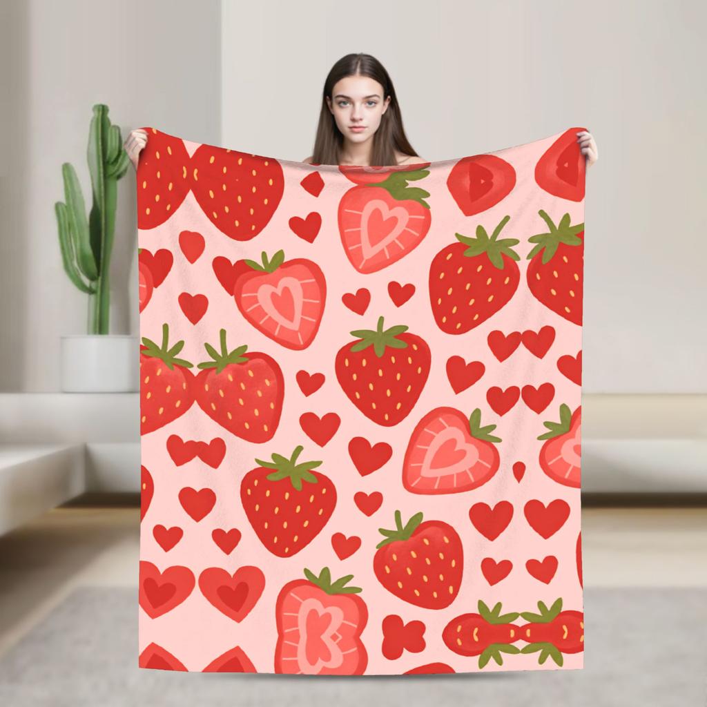 Pink Strawberry Print Flannel Blanket  Warm Soft Throw Blanket for Bedroom Camping Street Trend Bedspread Sofa Bed Cover