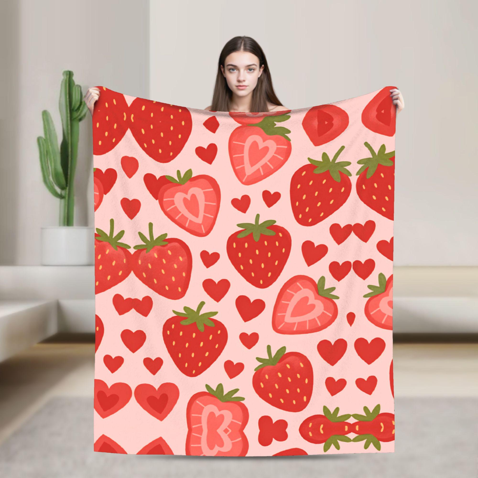 

Pink Strawberry Print Soft Warm Blanket Airplane Travel Plush Throw Blanket Couch Chair Flannel Bedspread Sofa Bed Cover 75x90cm