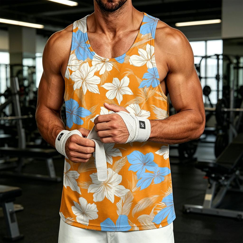 Men's Casual Hawaiian Print Outdoor Sports Tank Top Sleeveless Round Neck Summer Beachwear Lightweight Breathable Fabric