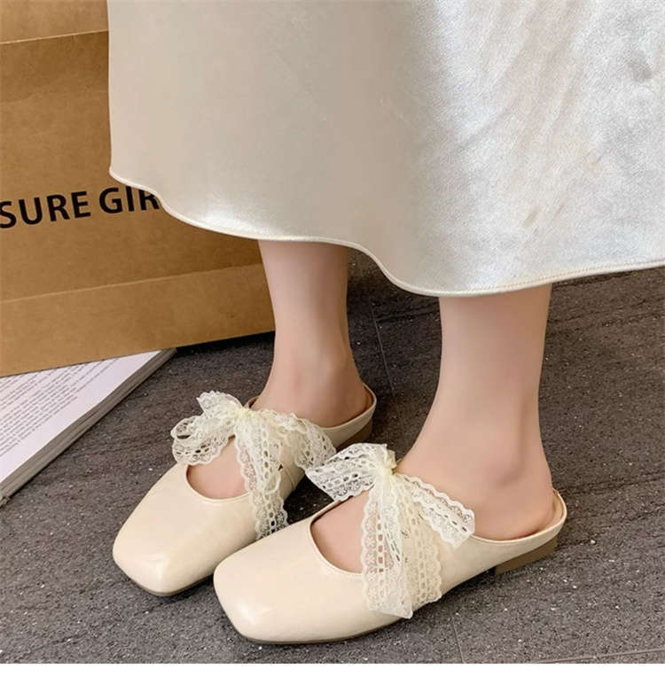 French Beautiful Bag Head Half Slippers Women's Outer Wear 2025 Spring and Summer New Low-heeled Lace Bow Mary Jane Sandals