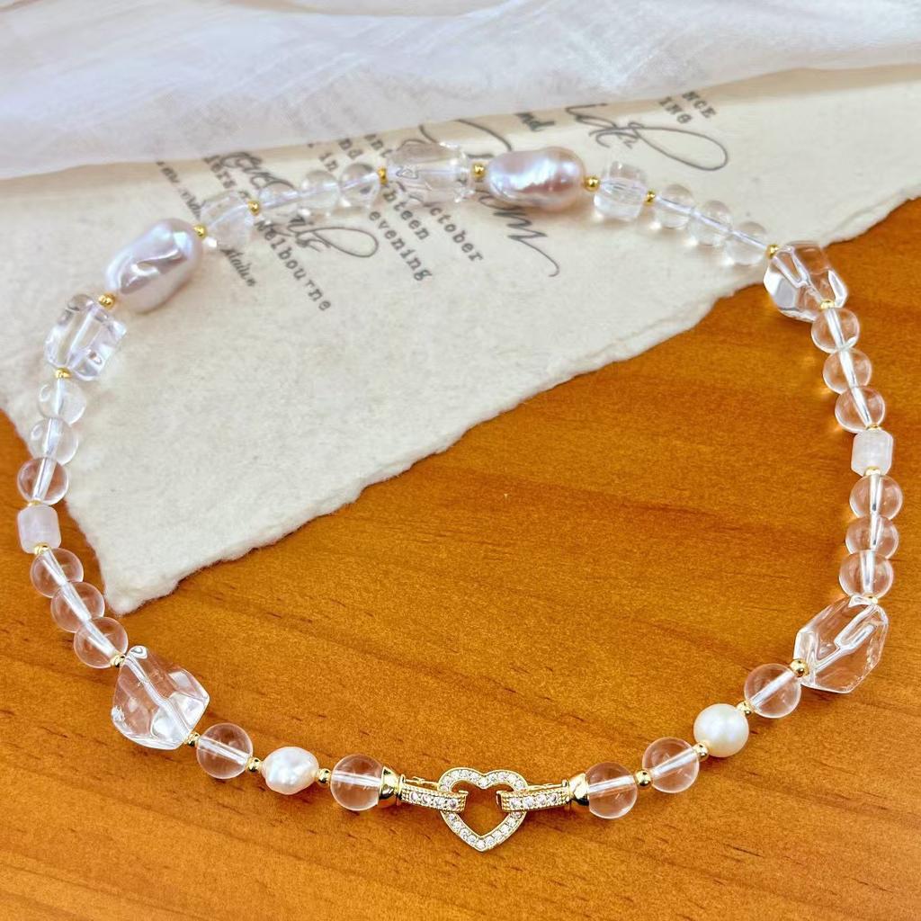 Vintage High Quality Natural Baroque Pearl Vitreous White Crystal Clavicle Chain Necklace