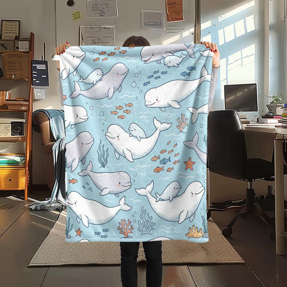 1PC Cute Marine Animals Print Flannel Blanket, High quality All Seasons, Home Decor, Warmth and Comfort, Perfect for Christmas Gifts