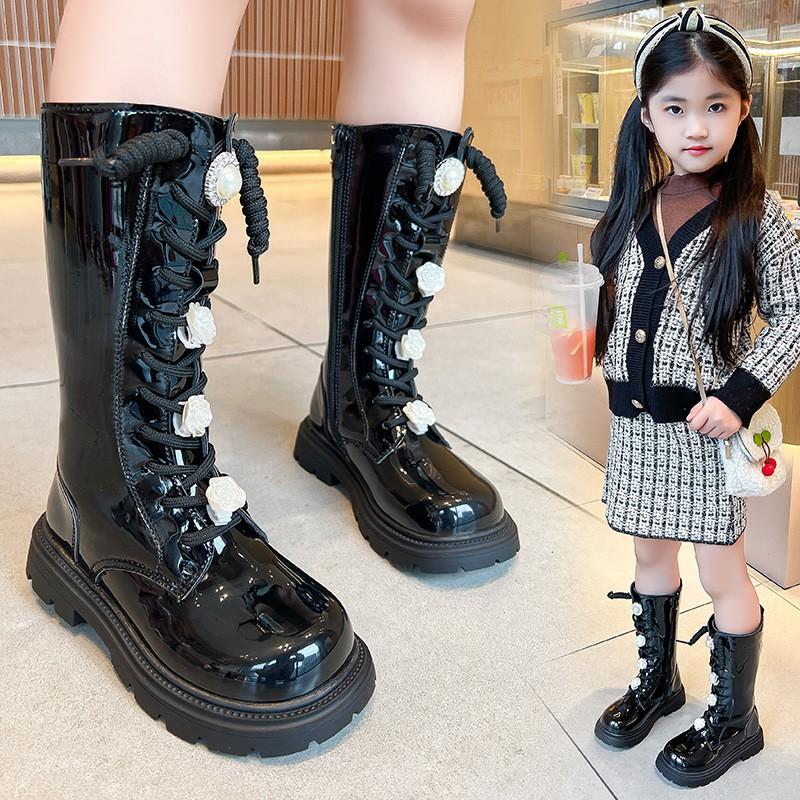Girls Winter Warm High Calf Boots With Floral Embroidery Side Zipper Princess Style Synthetic Leather Rubber Sole