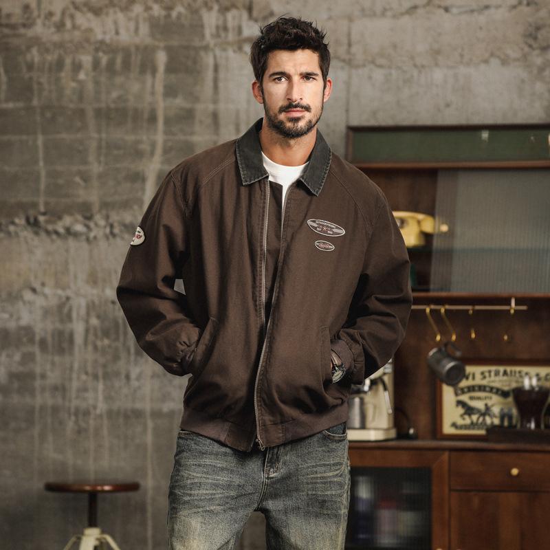 Autumn Retro Men's Wear-resistant Tactical Tooling Top Lapel Contrasting Zipper Flight Jacket