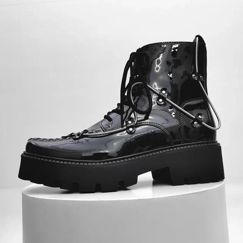 

2025 Men Motorcycle Boots Platform High Top Rock Gothic Sneakers Leather Luxury Trainers Lace Up Autumn Black Shoes 38