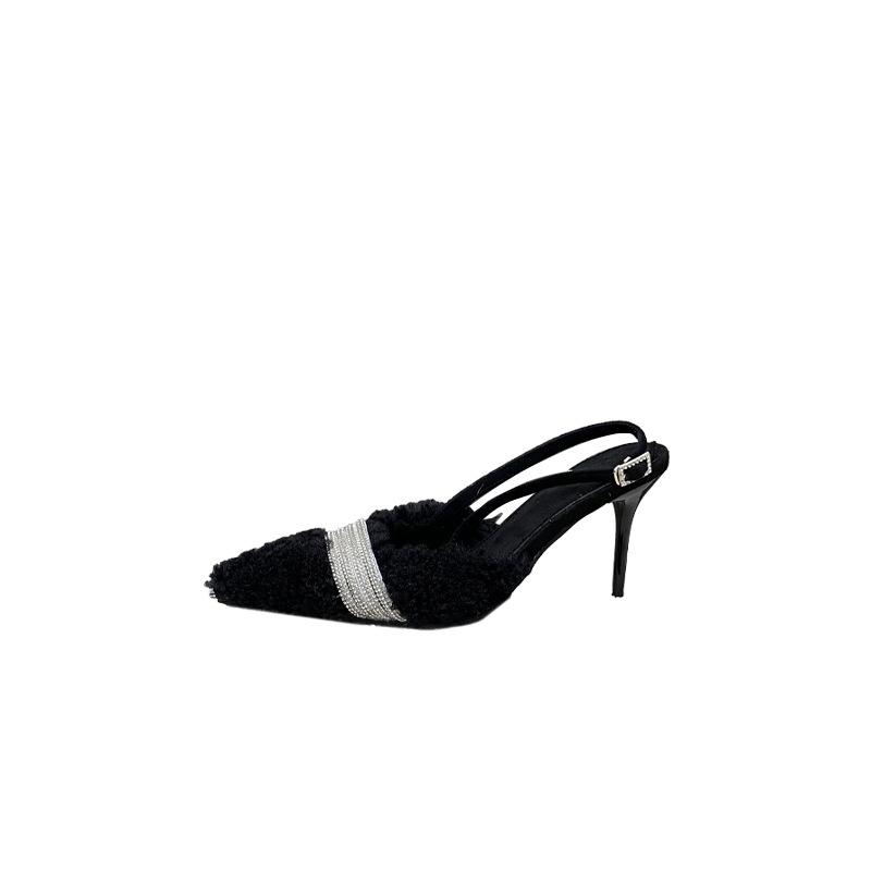 2025 Autumn and Winter New Pointed Head Thin Heel European and American Fashion Bag Head High Heel Mao Mao Shoes Empty Rhinestone Back Strap Sandals